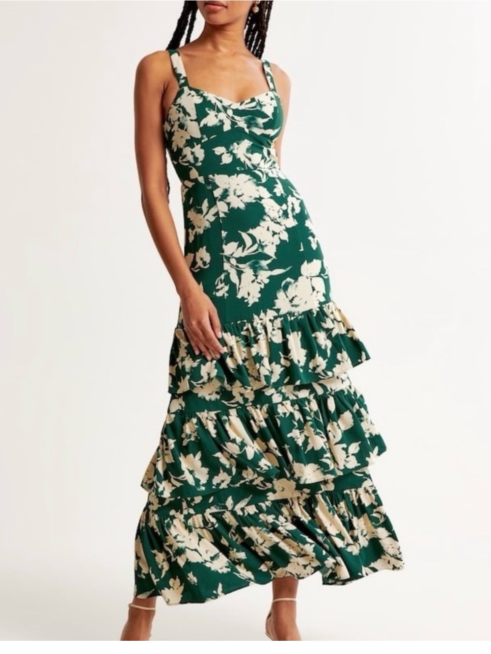 Abercrombie & Fitch Ruffle Tiered Maxi Dress Green Floral SP Small Petite